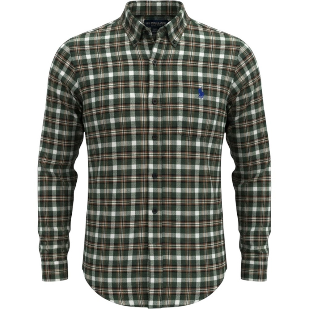 US Polo Assn Mens Green‎ Plaid Stretch Long Sleeve Button Down Shirt Large